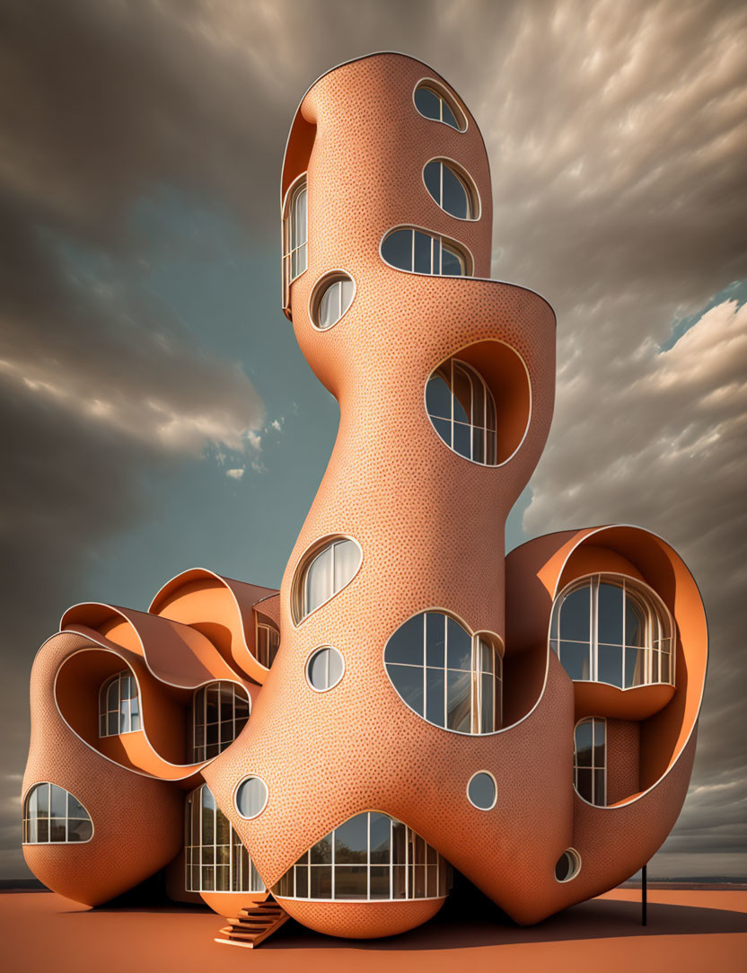 Futuristic orange building with organic design and round windows against cloudy sunset sky