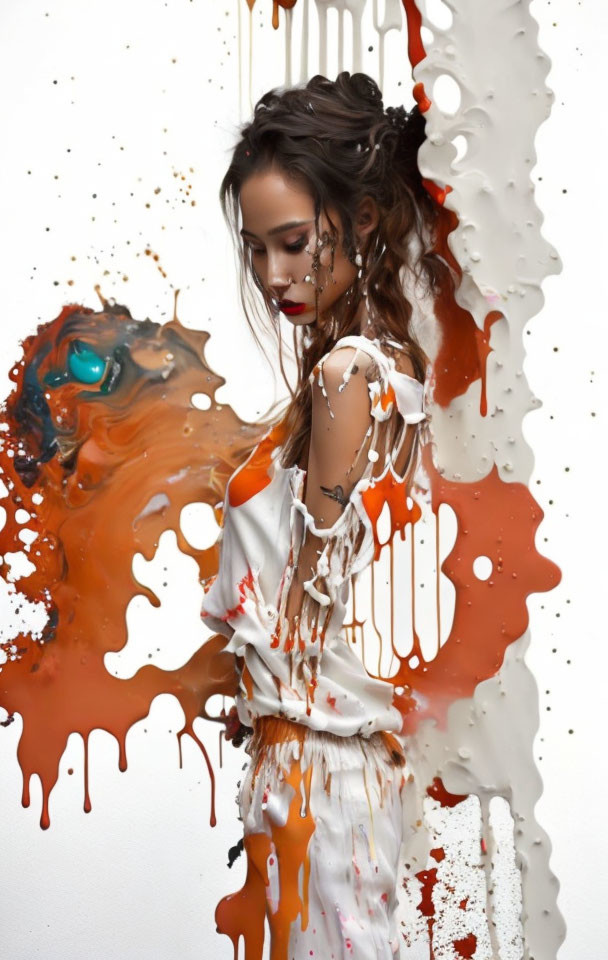 Abstract Woman Artwork: Brown and White Paint Splashes