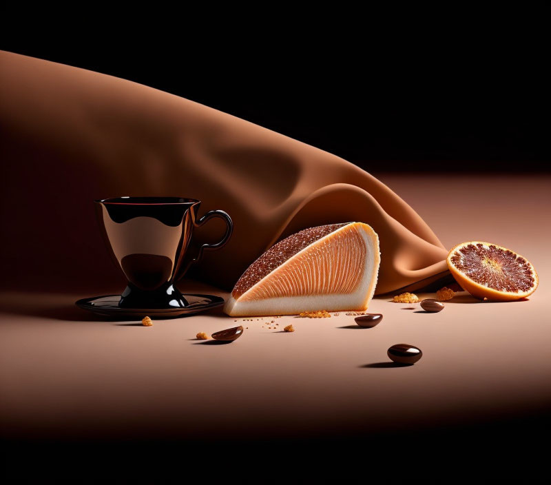 Stylish coffee cup with saucer, blood orange slice, coffee beans, and cookie crumbs on