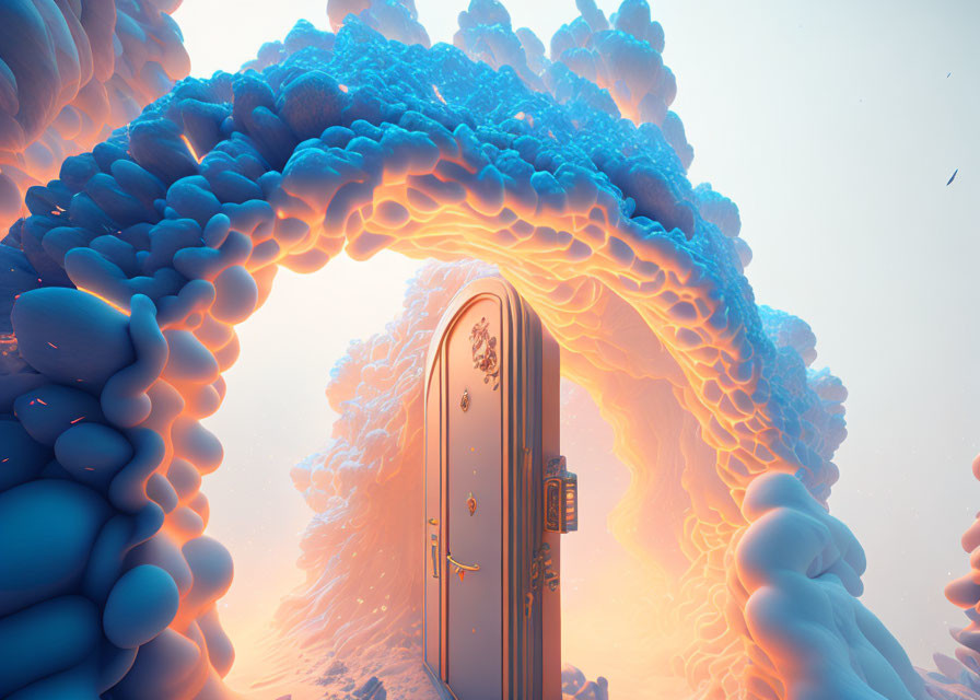 Ornate door revealing surreal landscape with blue coral-like structures