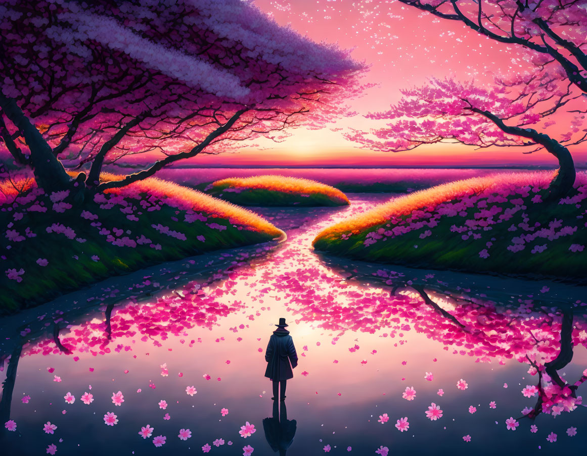 Person by forked river with cherry blossoms under pink sunset sky