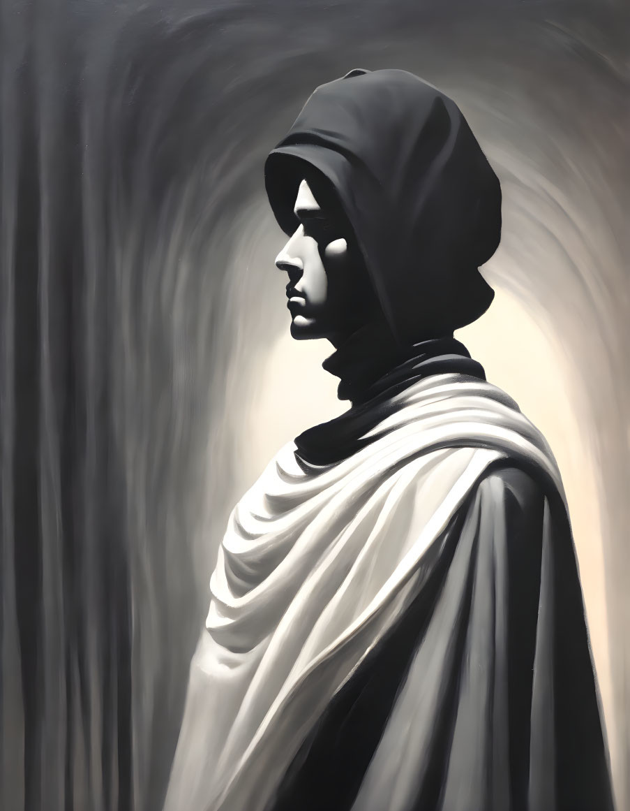 Monochromatic painting of person in hooded cloak with contemplative expression