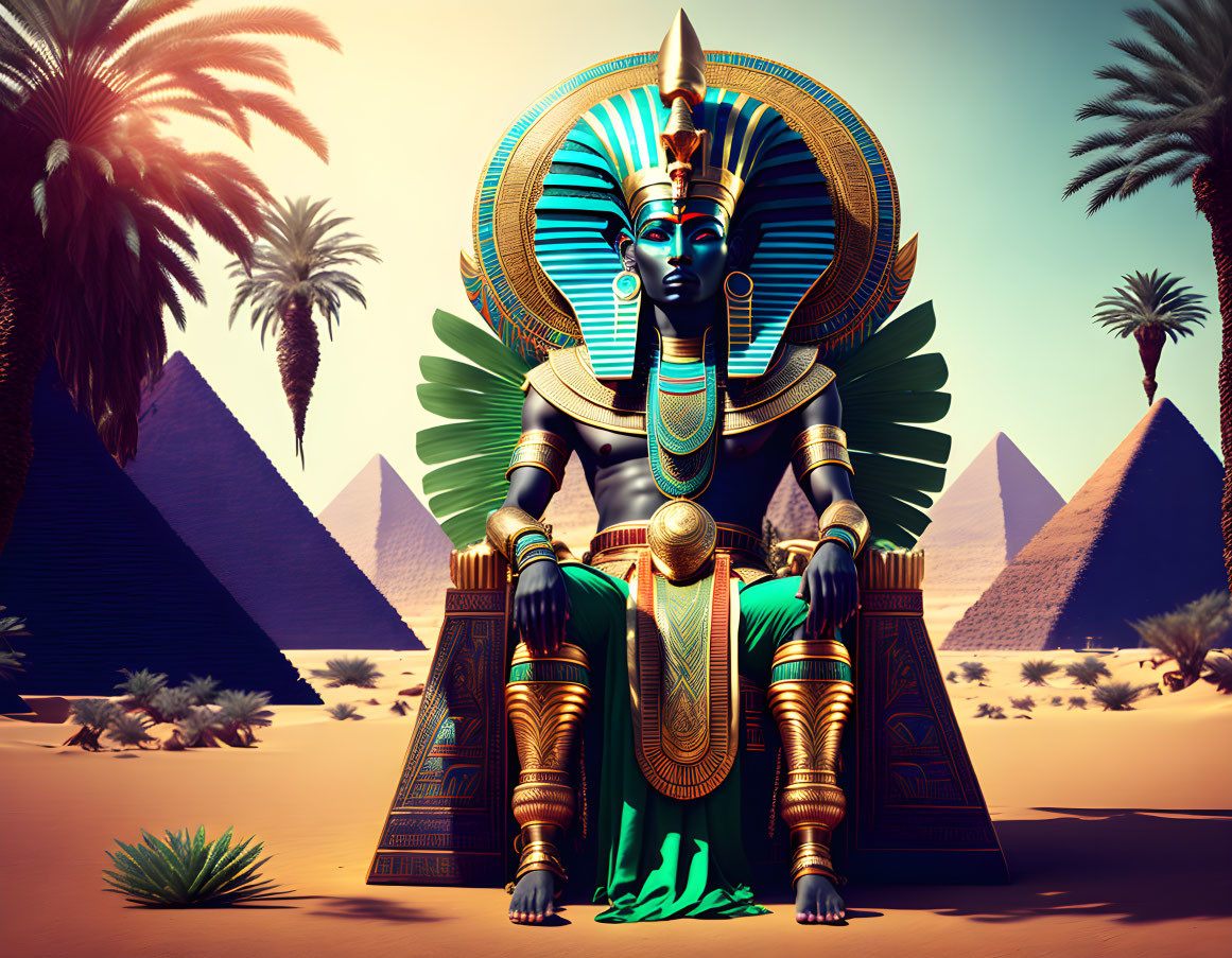 Egyptian Pharaoh in Desert Landscape with Pyramids and Palm Trees