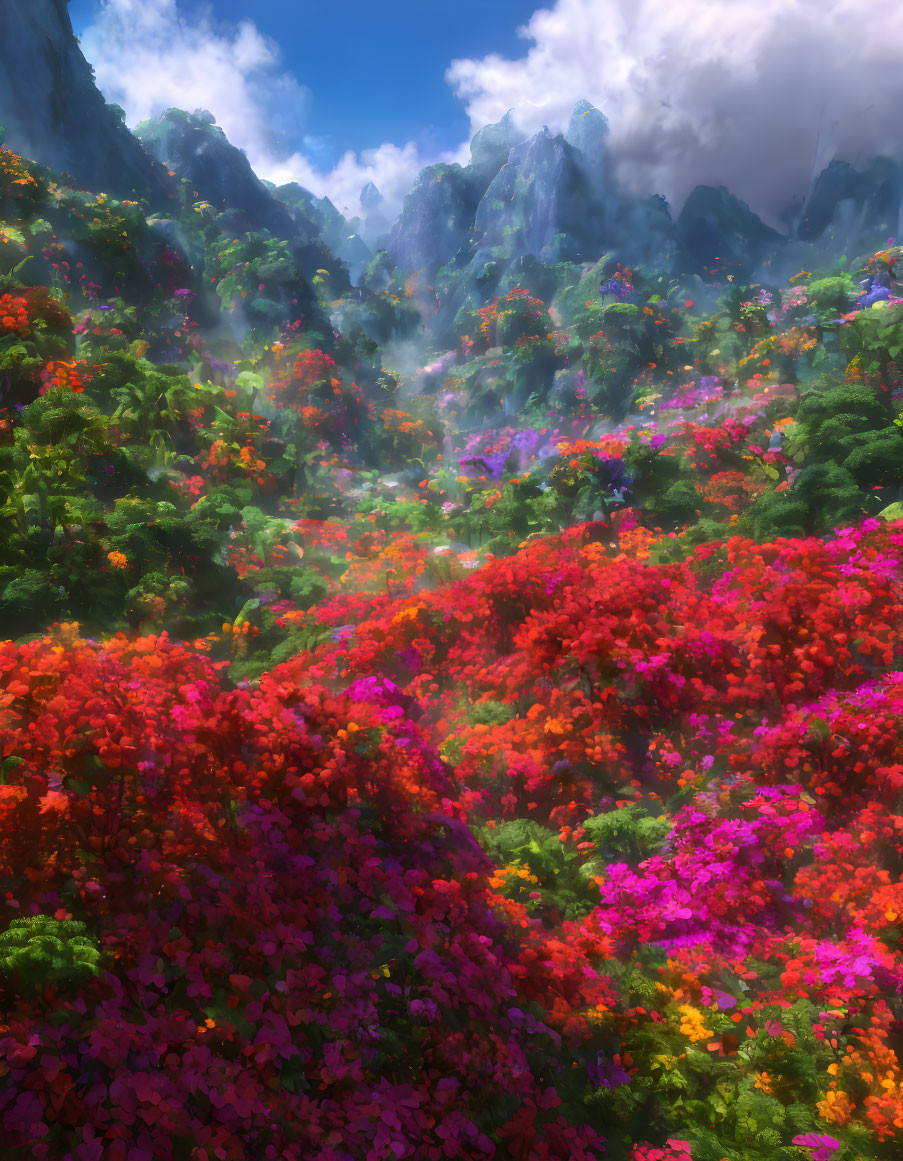 Vibrant red and pink flowers in lush valley with misty green mountains