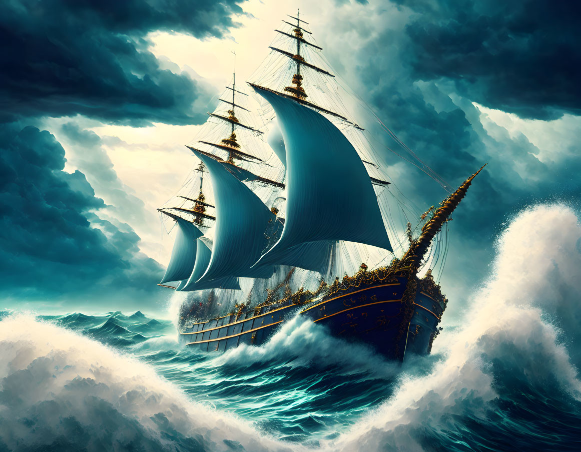 Majestic sailing ship with billowing sails on stormy sea