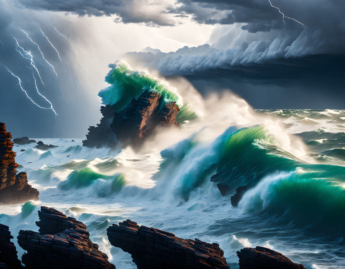 Stormy Seascape with Green Waves and Lightning Strikes