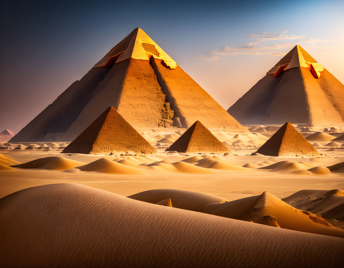 Majestic sunlit pyramids in desert landscape with gradient sky