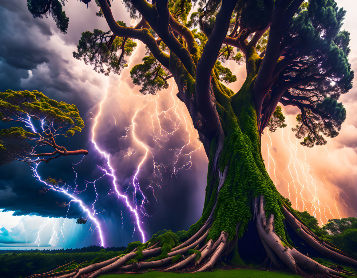 Ancient tree with outstretched branches under stormy skies