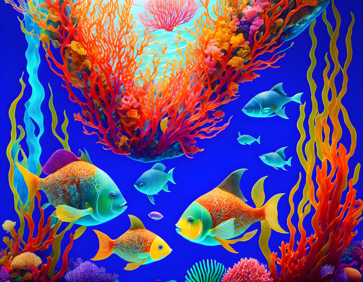 Vibrant Coral Reef Illustration with Diverse Fish & Corals