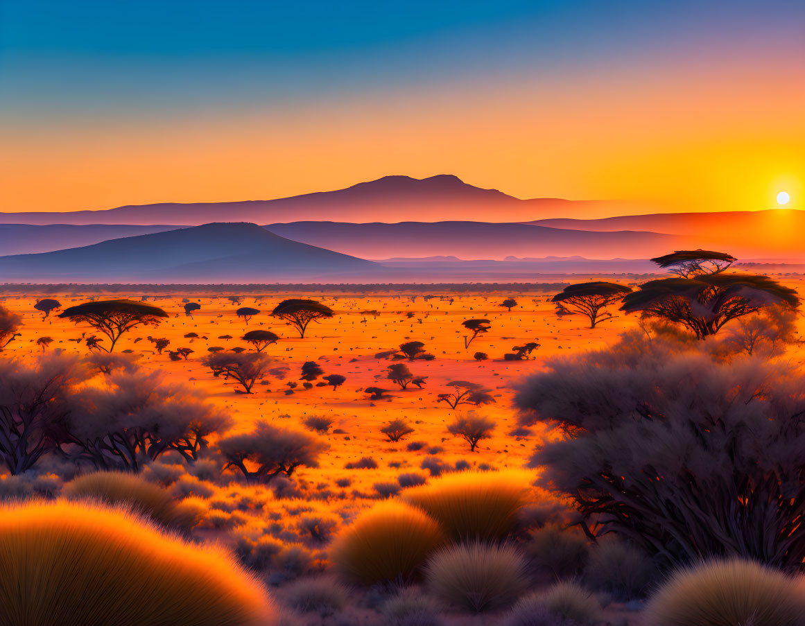 Vibrant African Savanna Sunset with Acacia Trees and Mountain