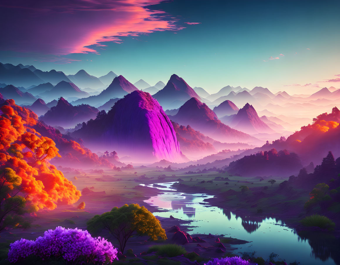 Colorful landscape with purple waterfall, vibrant trees, layered mountains, and reflective waters under pink and blue