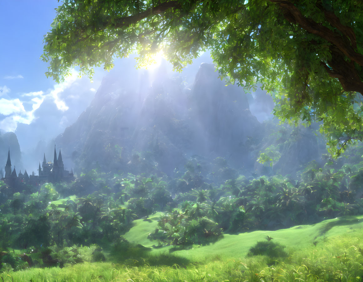 Sunlight illuminates lush green landscape with castle and mountains