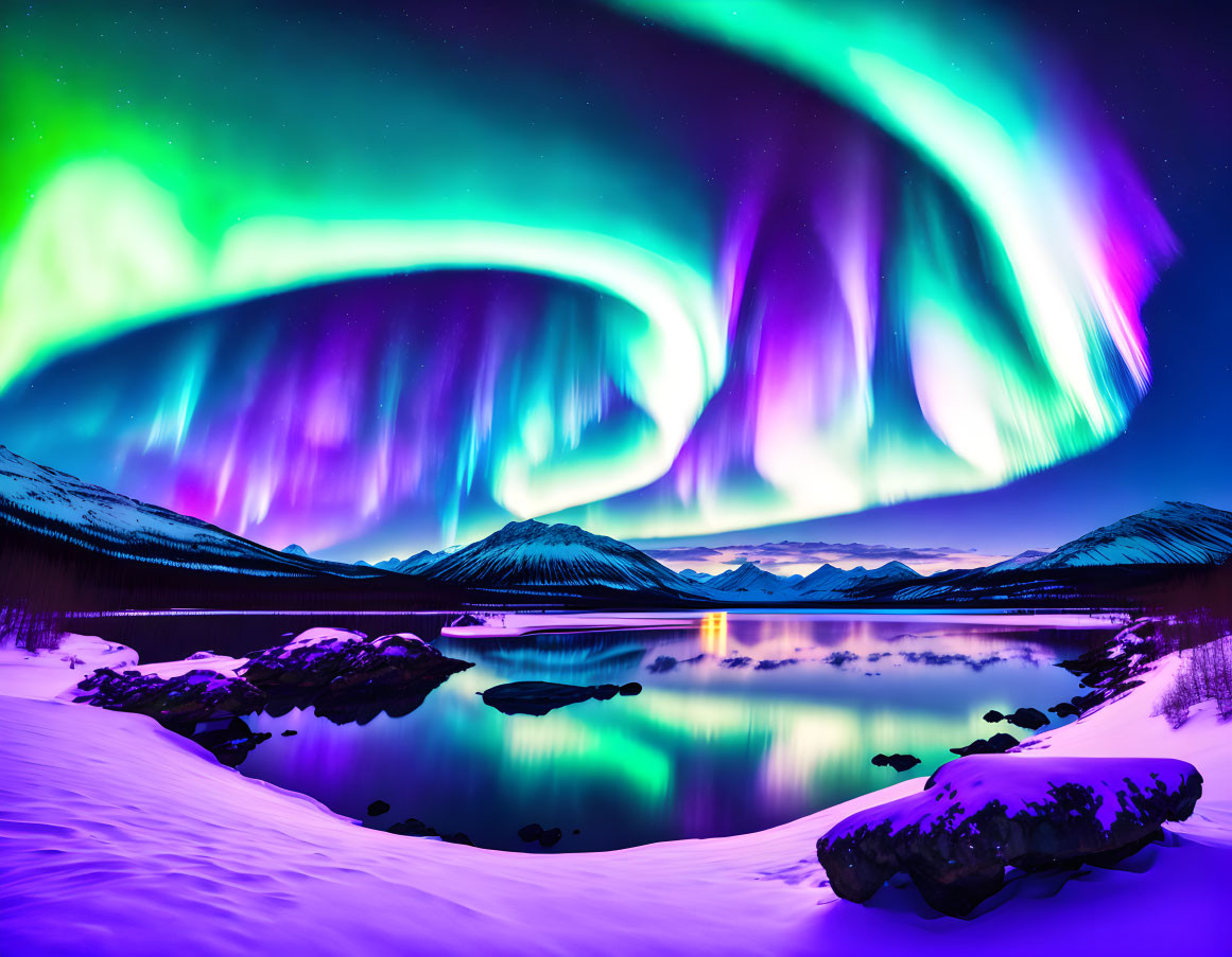 Colorful Aurora Borealis over Snowy Landscape with Reflective Lake