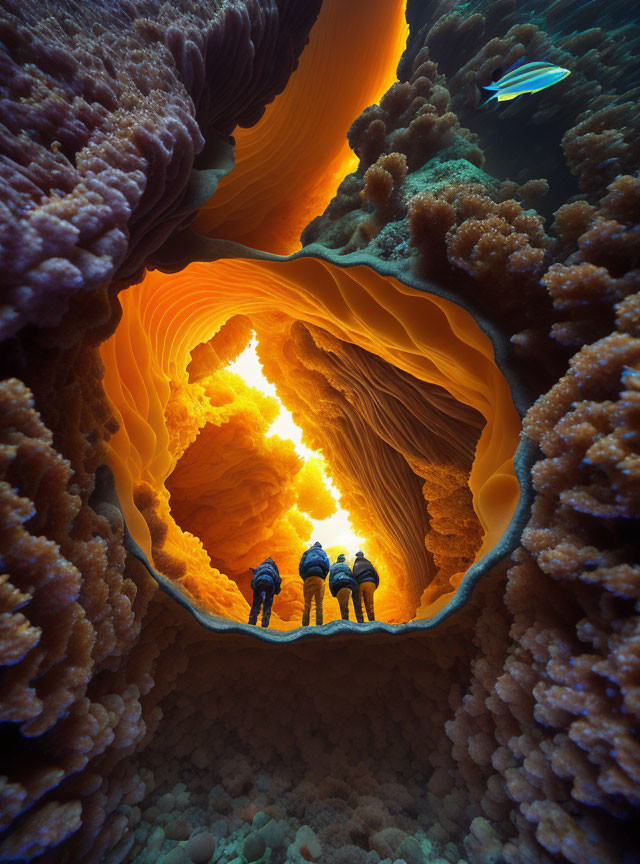 Underwater cave divers surrounded by orange coral walls and a fish swimming.