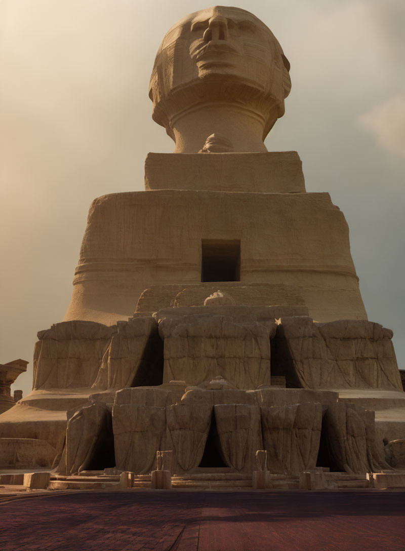 Large Sphinx-like Statue in Desert Landscape under Hazy Sky