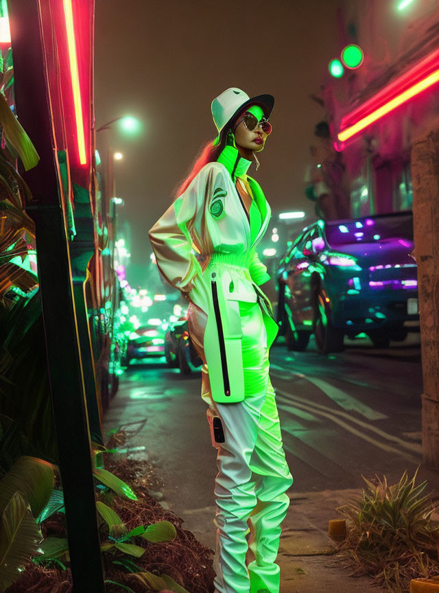 Person in Neon Green Attire Stands on Night Street