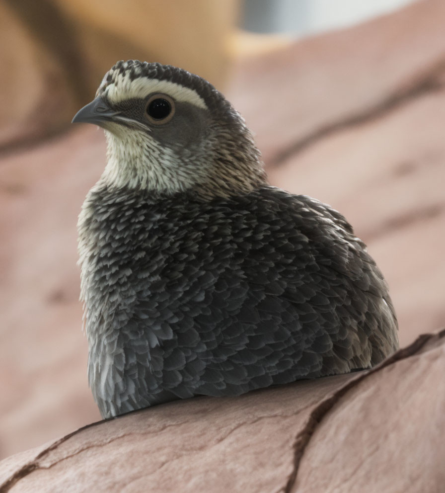 Mottled gray bird with speckled neck perched on rock