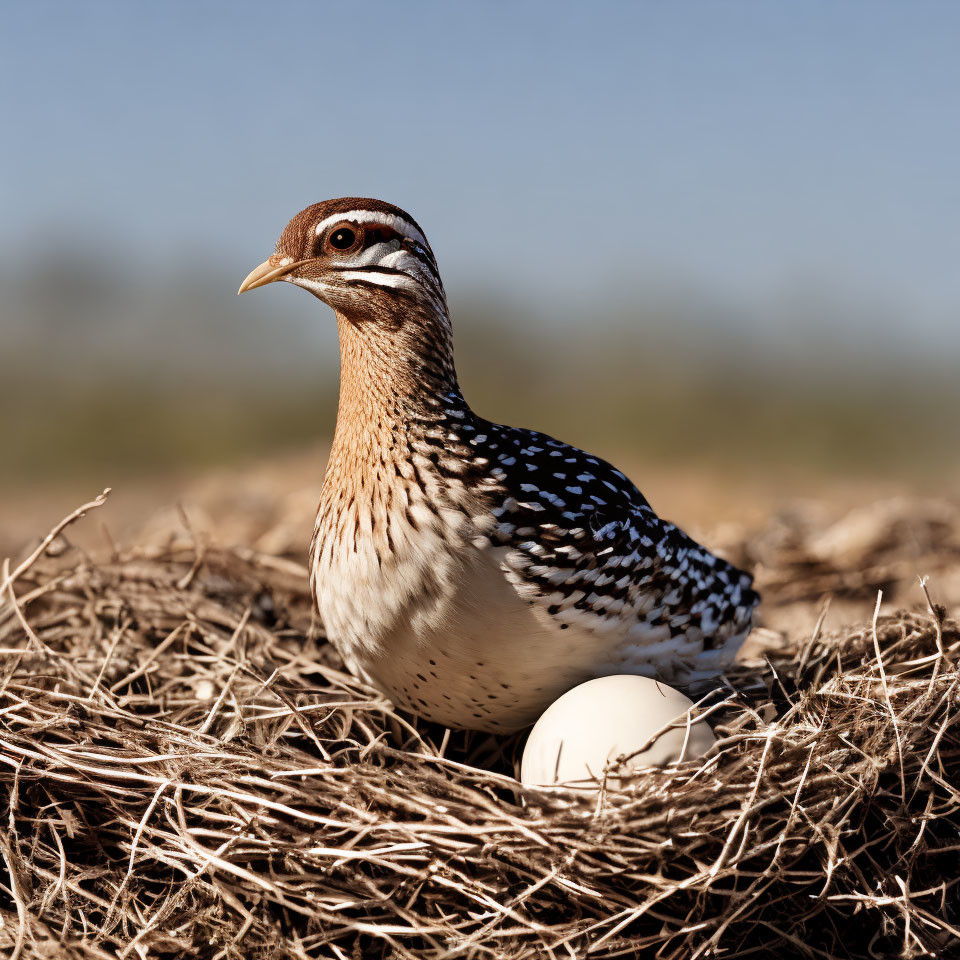 Brown speckled female bird on nest with egg in natural setting