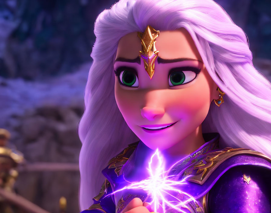 White-Haired Female Character in Golden Armor with Purple Eyes and Magical Element