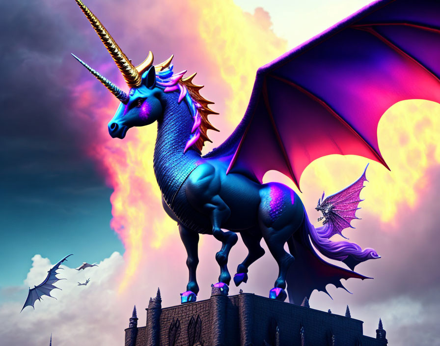 Majestic unicorn with dragon wings on castle with fiery sky and flying creatures