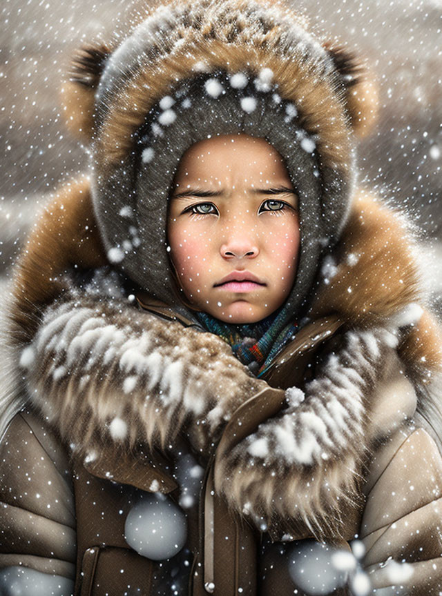 Child in winter coat with fur-trimmed hood in snowfall gaze.