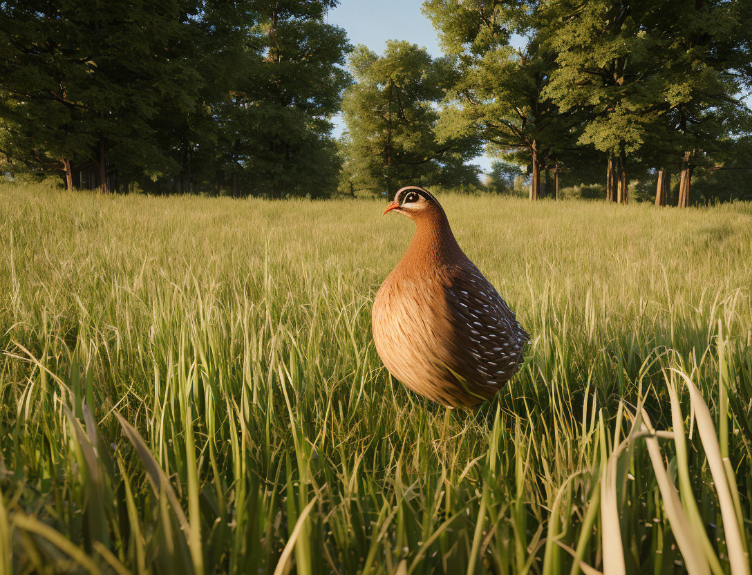 Brown Bird with White Spots in Grass Field with Trees and Blue Sky