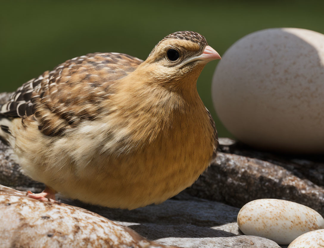 Brown-speckled Bird with Yellow Chest Near Eggs on Rocky Surface