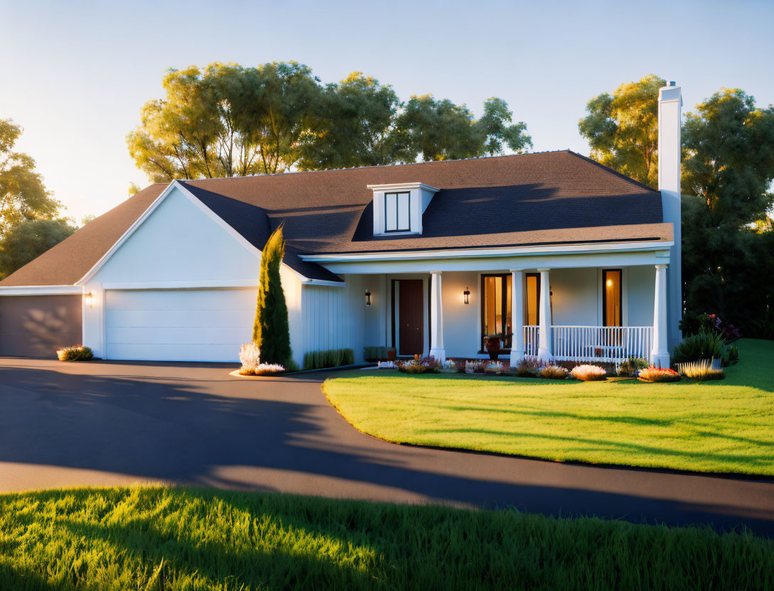 Suburban house with porch, gabled roof, and garage at sunset