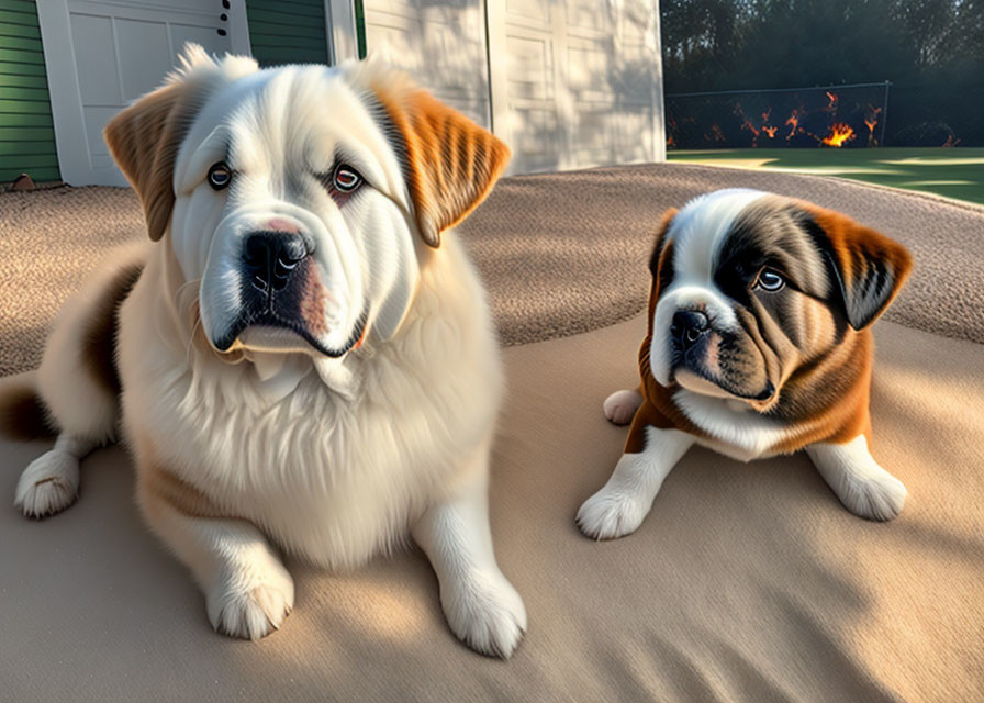 Fluffy Saint Bernard puppies on porch with sunlit backdrop and fire pit