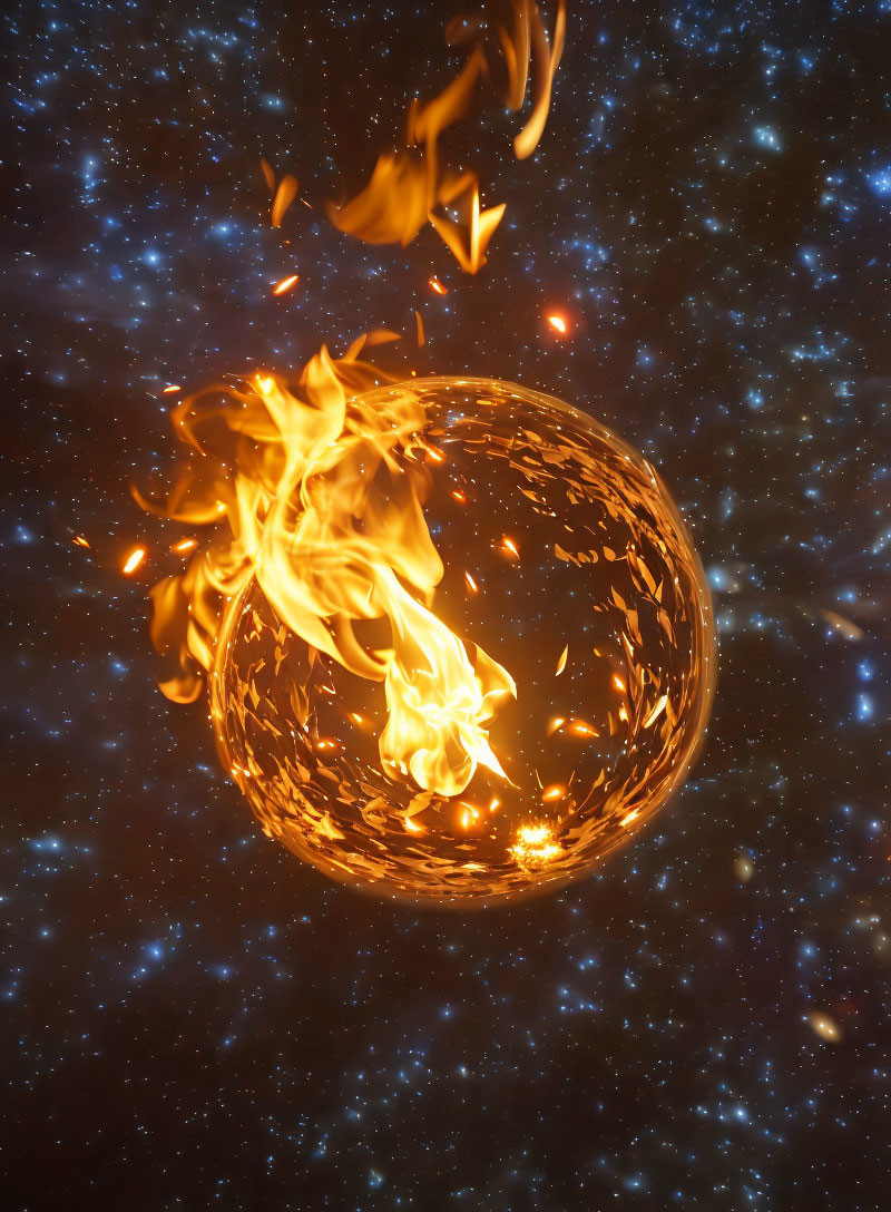 Dynamic fiery spherical blaze against starry cosmic background