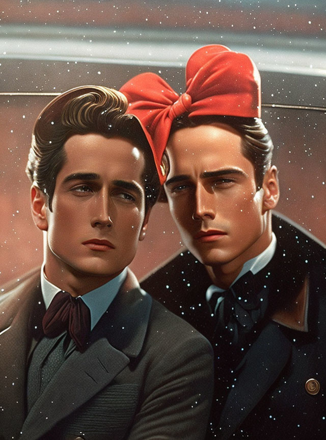 Illustrated Men with Classic Hairstyles in Red Bow and Blue Coat on Snowy Background