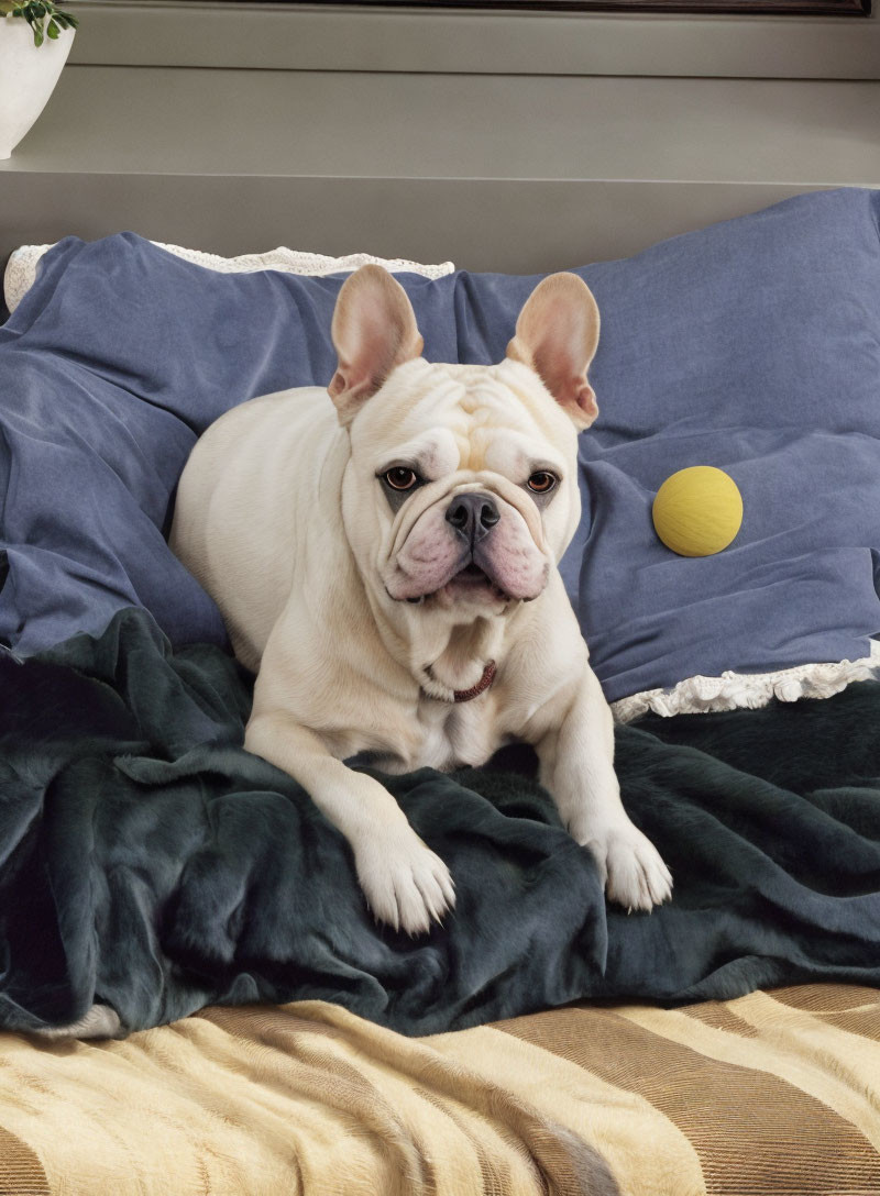 Tan and White Bulldog Resting on Bed with Blue Pillows and Dark Green Blanket