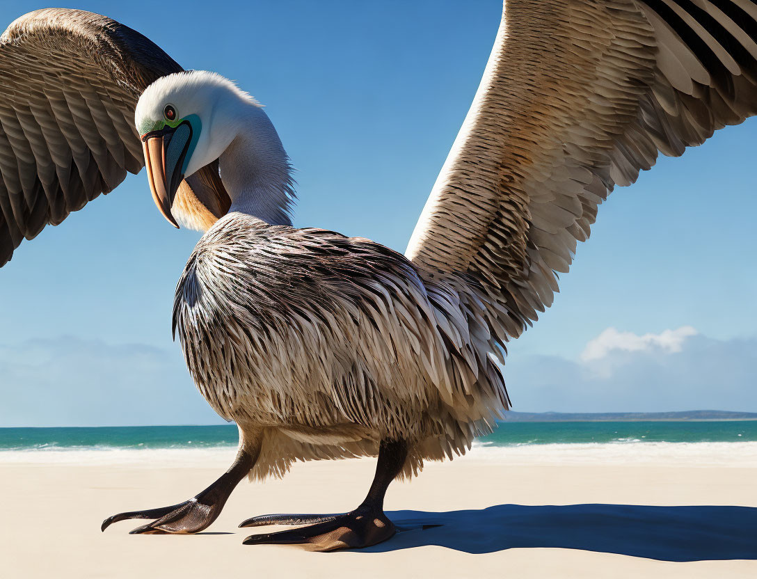 Pelican with spread wings on sandy beach against blue sky