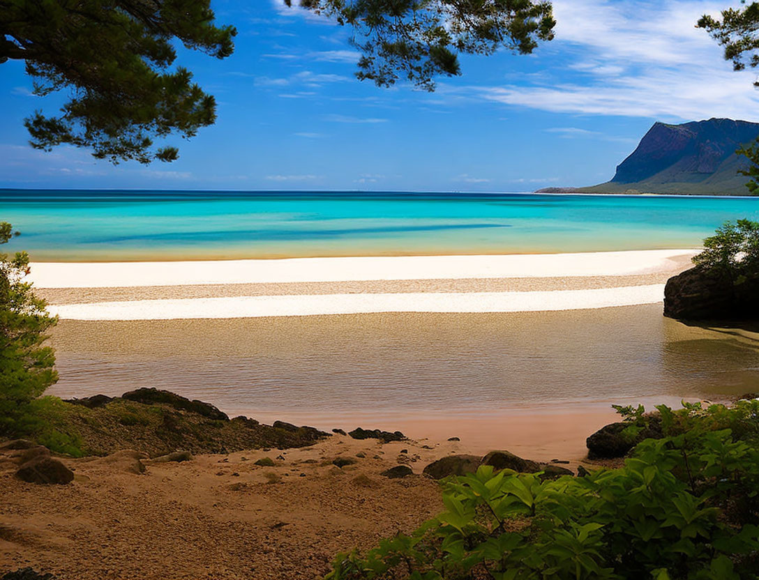 Serenity: Turquoise Waters, White Sands, Greenery & Mountains