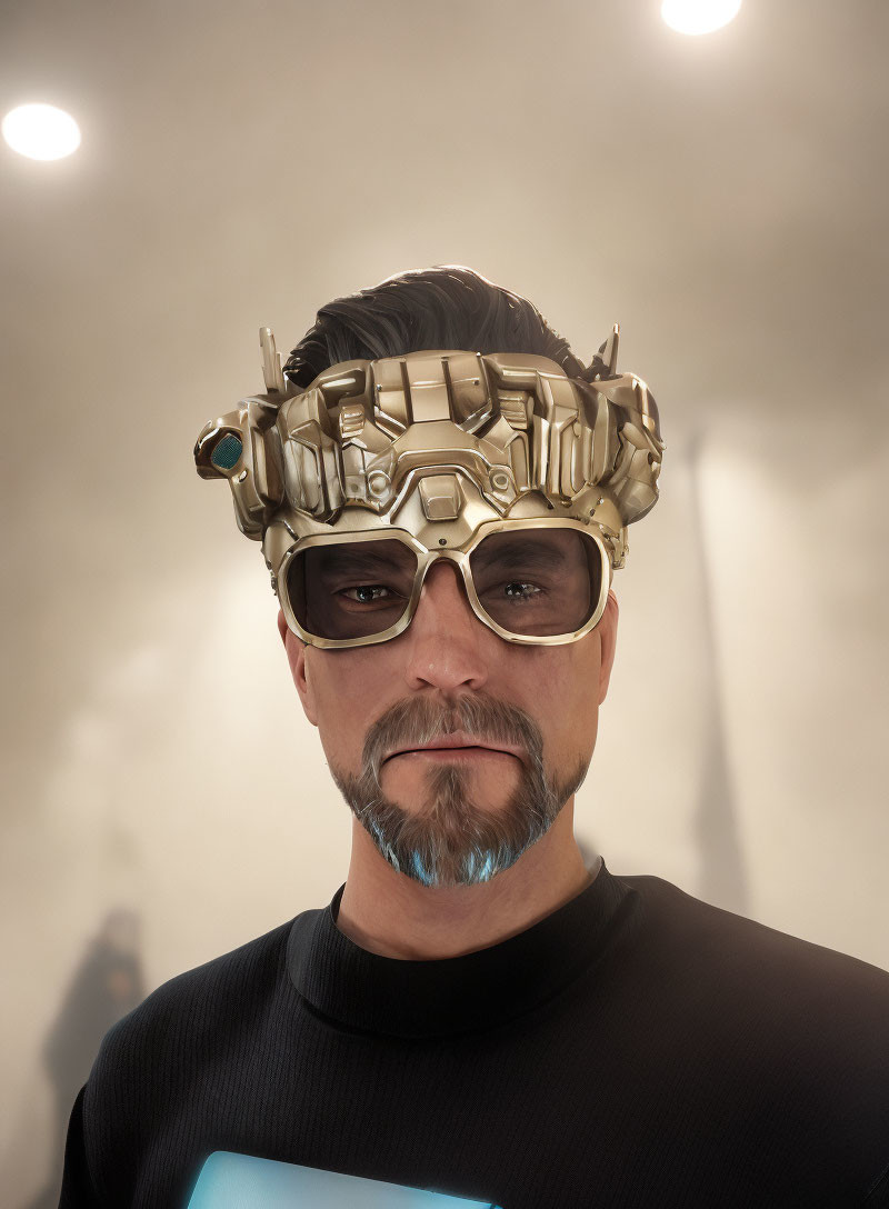 Futuristic goggles with gold accents on person with blue-dyed beard and neon blue emblem on