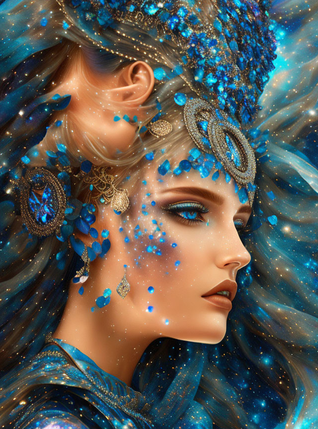 Cosmic-themed makeup portrait of a woman with blue and gold jewelry