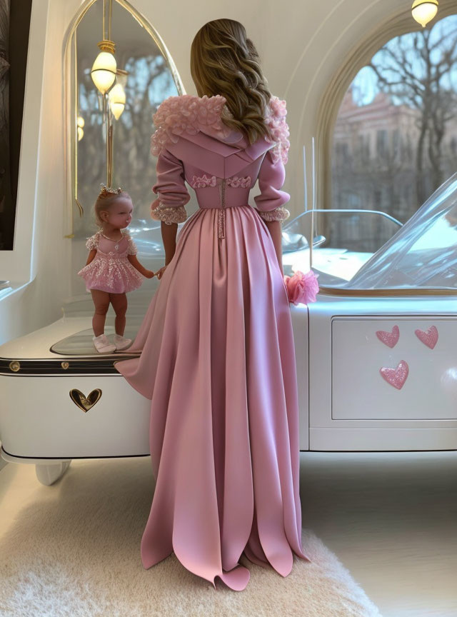 Woman in Pink Floral Dress with Doll on White Piano