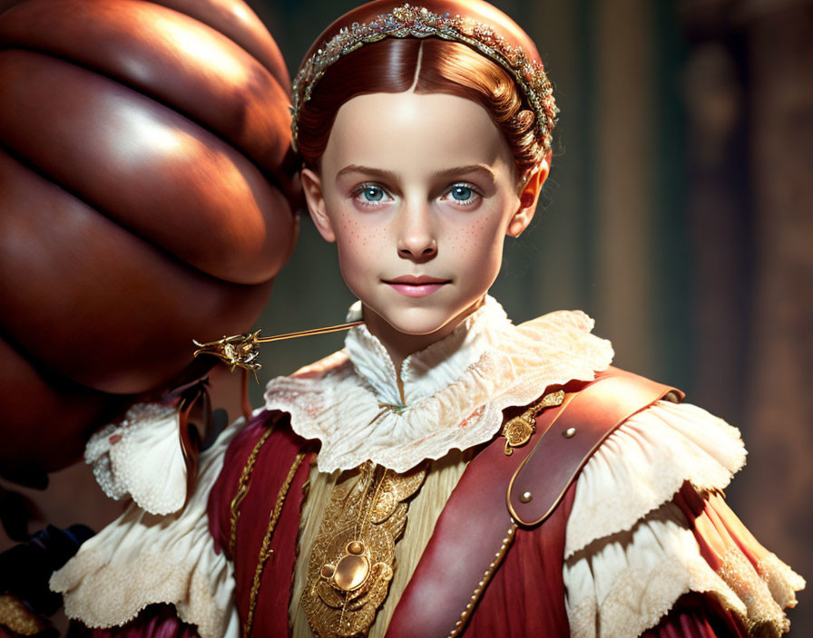 Historical young girl in golden-red dress with sword hilt on warm background