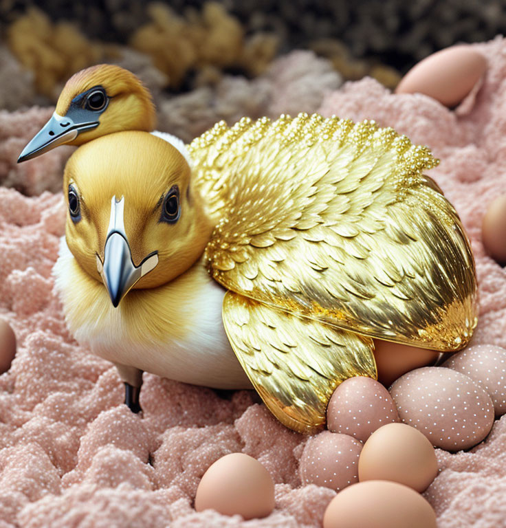 Hybrid creature with bird body, eagle wings, and dolphin head among speckled eggs on pink