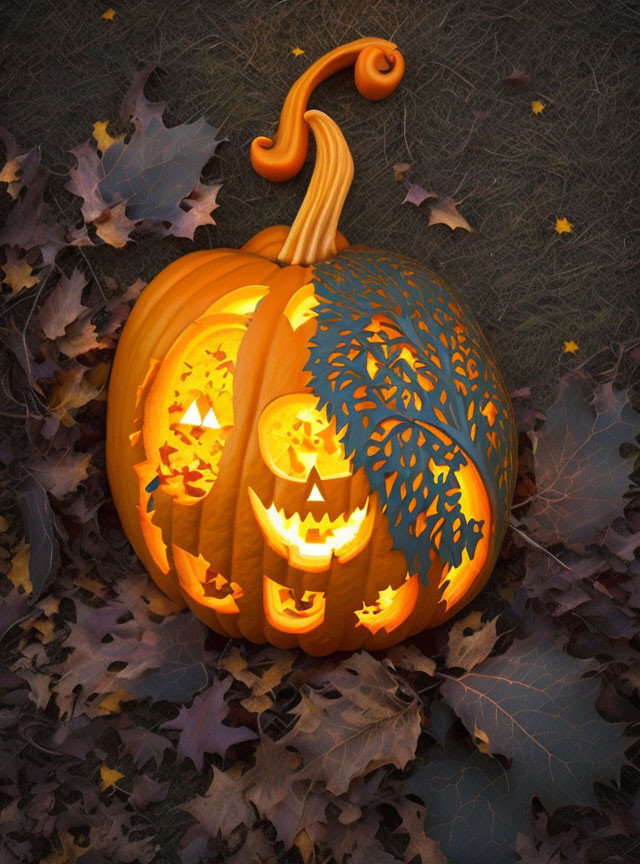 Intricately Carved Pumpkins with Glowing Interiors Among Autumn Leaves