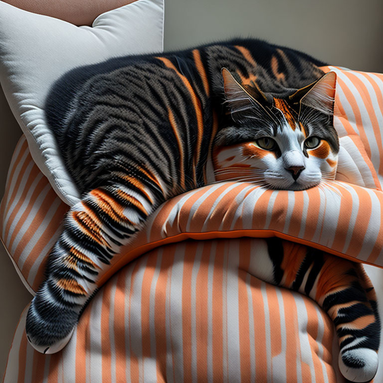 Calico Cat Relaxing on Orange-Striped Cushions