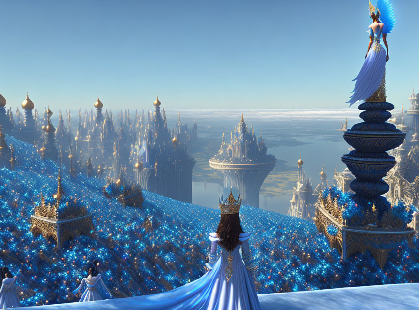 Fantastical landscape with blue crystal domes and woman in blue dress observing regal figure on distant