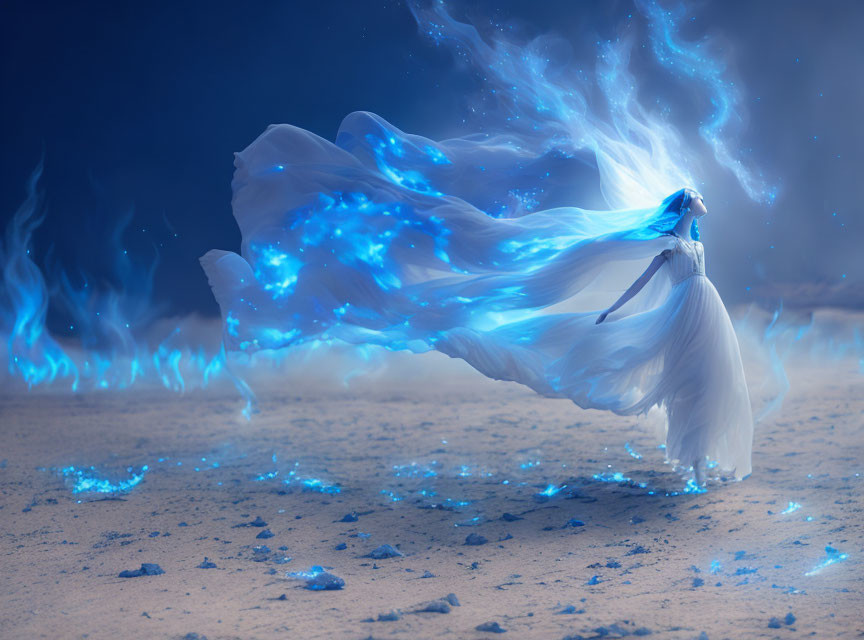 Ethereal figure in flowing white dress under night sky with blue flames