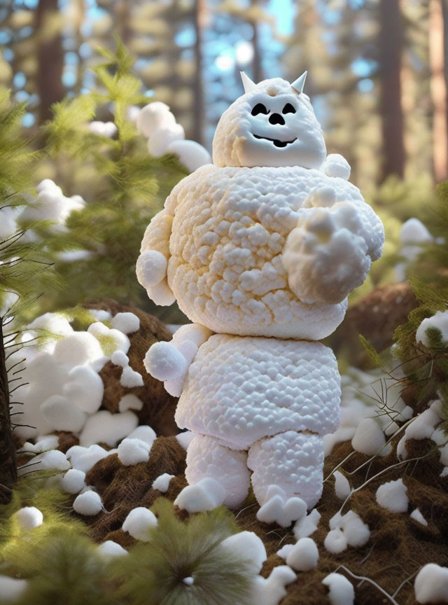 Fluffy White Snowman Figure in Forest with White Spheres