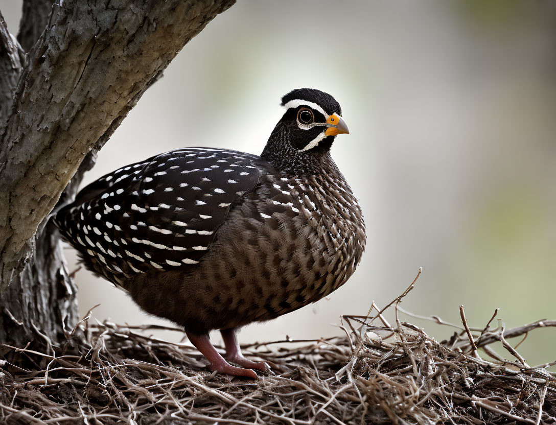 Speckled Bird with Orange Beak and Eye Rings Perched Among Twigs