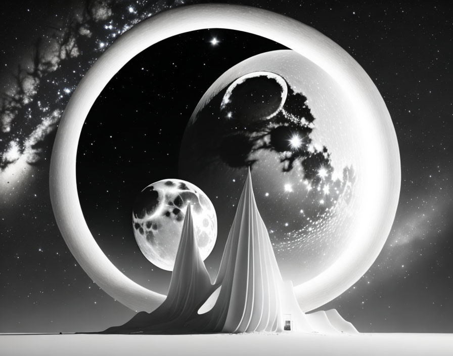 Monochrome Surreal Landscape with Oversized Moons and Draped Forms