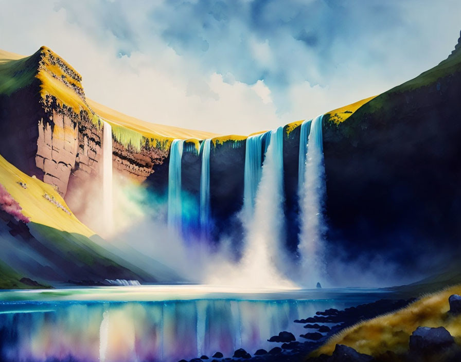 Majestic waterfall painting with lush green cliffs under cloudy sky