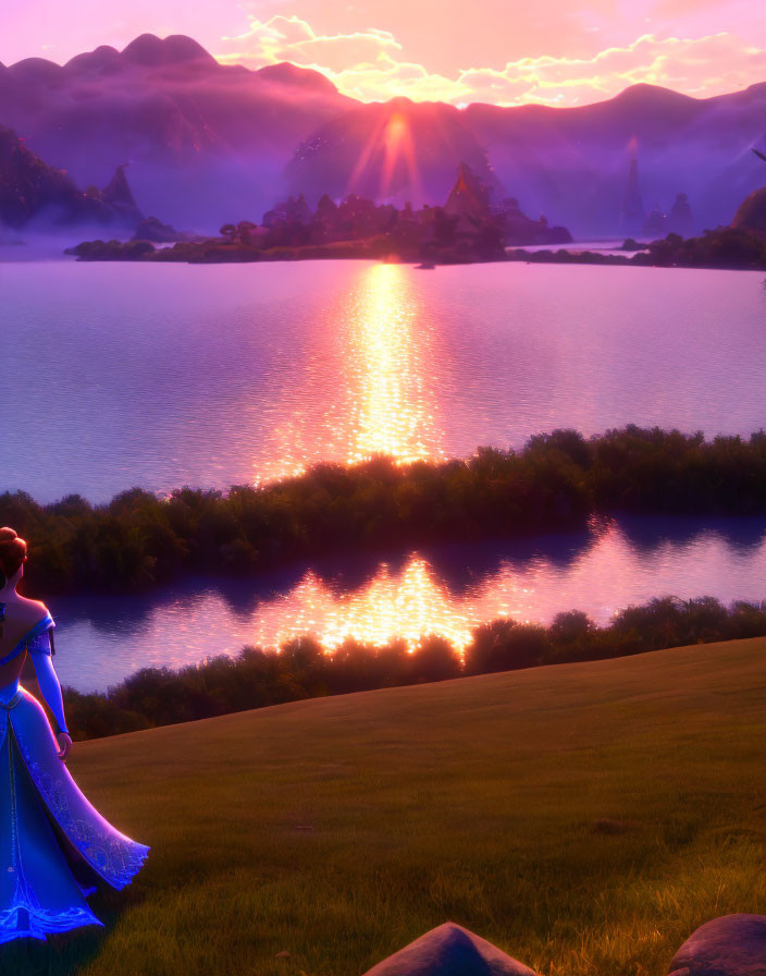 Woman in Blue Dress by Serene Lake at Sunset