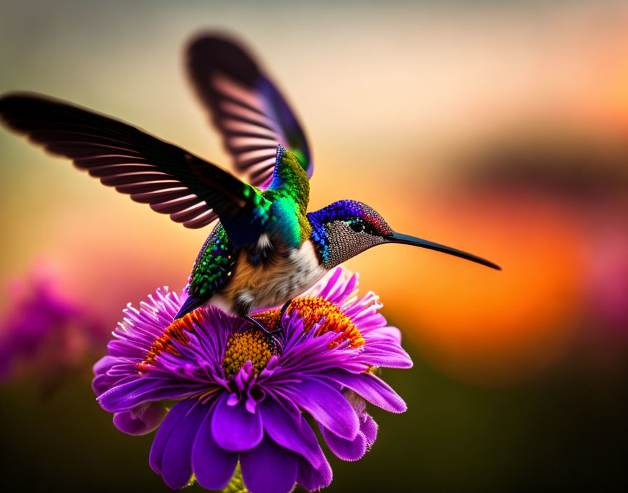 Colorful hummingbird hovers over purple flowers at sunset