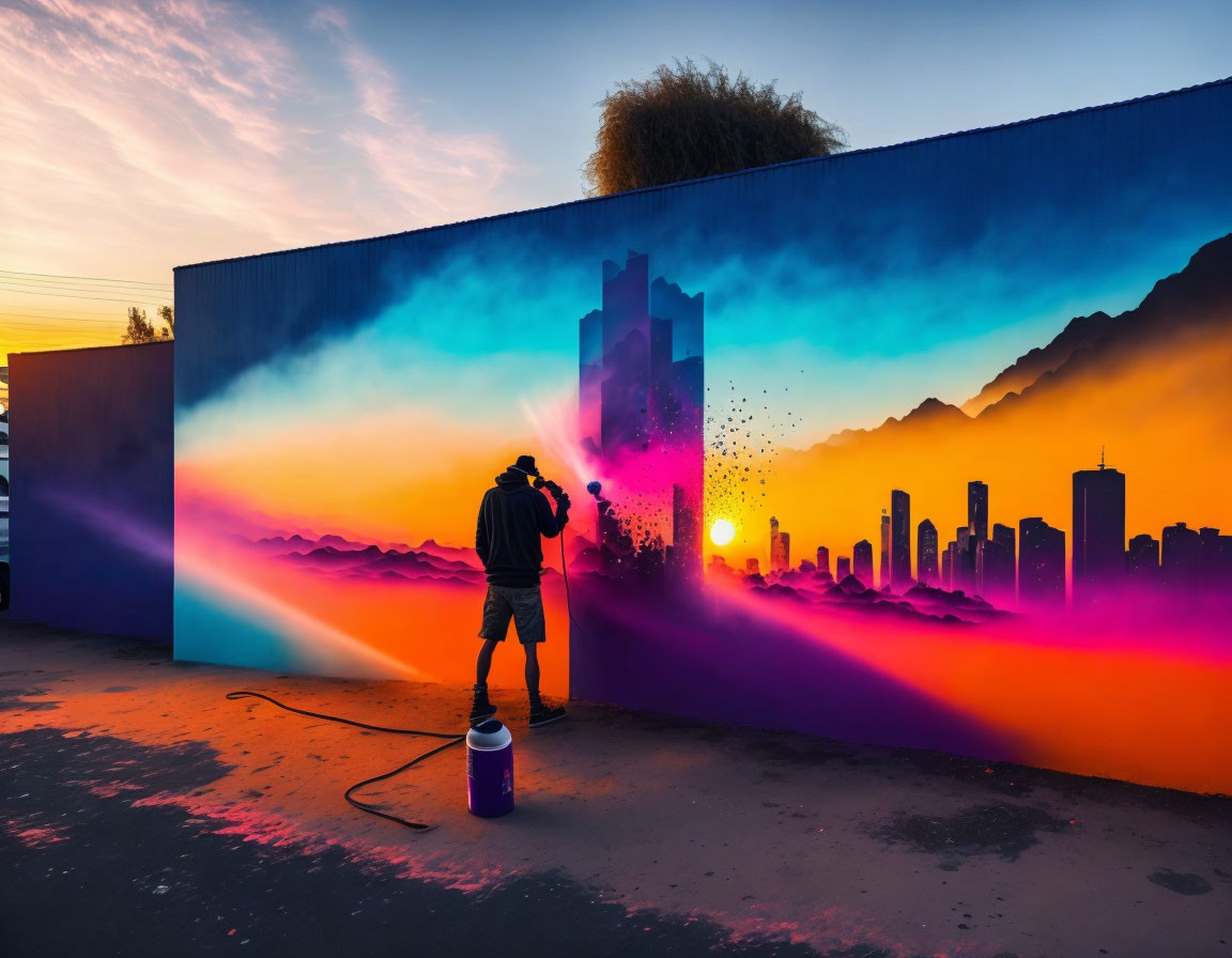 Vibrant cityscape mural painted with spray paint at dusk